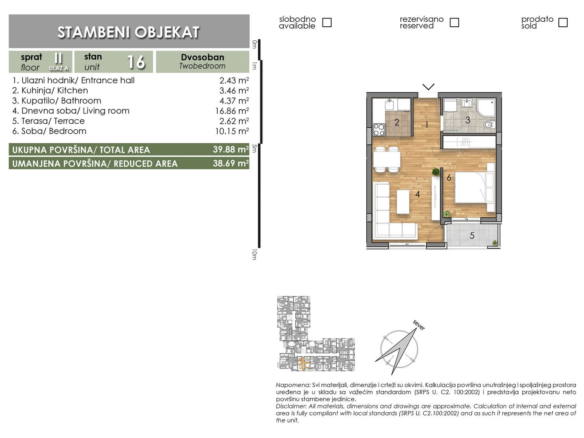 LAZE LAZAREVIĆA – Stan 16 – Dvosoban – Lamela A